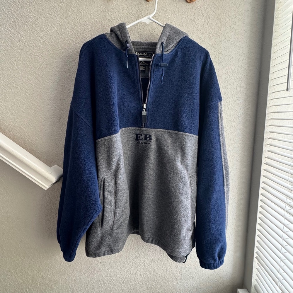 Eddie Bauer Mens XXL Fleece Hoodie Quarter Zip Colorblock Navy Gray Vintage